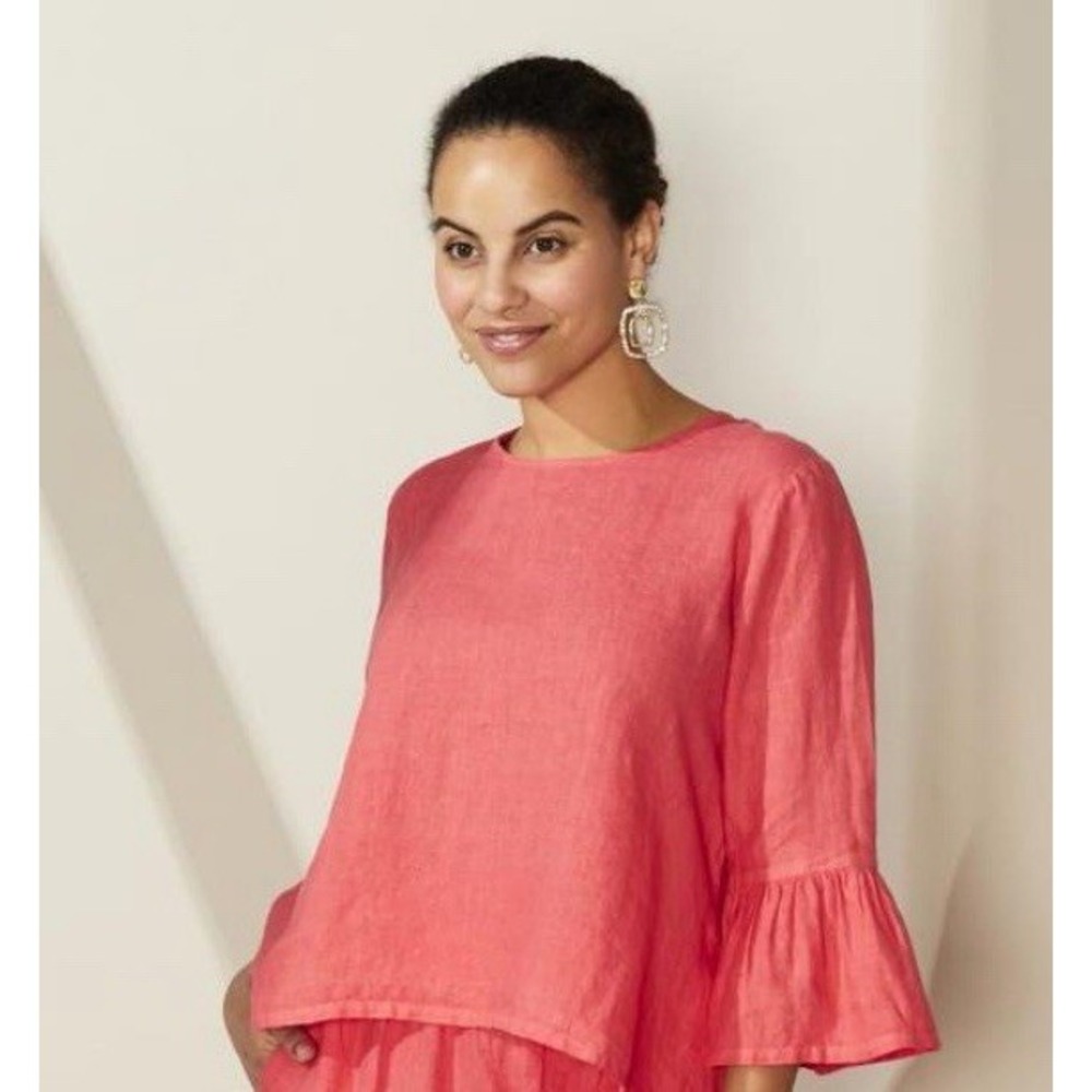 Bryn Walker Fran Top Medium Coral Linen Ruffle Bell Sleeve Top Boho Lagenlook